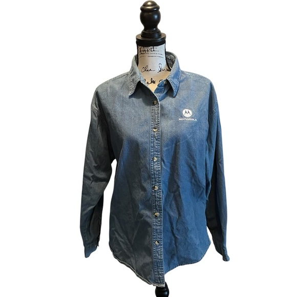 Vintage Motorola Streetwear Denim Jean Shirt Button up Blue Size Large Y2K - Picture 1 of 9
